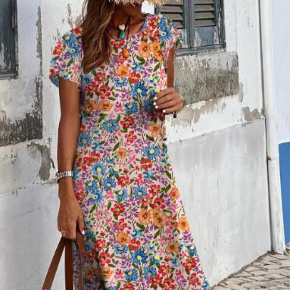 Multicolor Long Floral Print Short Sleeve Holiday Dress